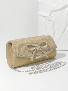 Luxury Rhinestone Bow Decor Evening Fashion Crystal Clutch Women Pleated Hand Bag For Party, Wedding