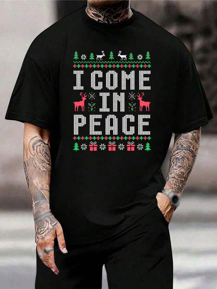 Camisetas de Pareja Navideñas a Juego - 'Vengo en Paz' 'Soy Paz' - Camisetas de Suéter Feo para Fiestas - Perfectas para Fiestas de Pijamas Navideñas Familiares - Negro - Ver 1