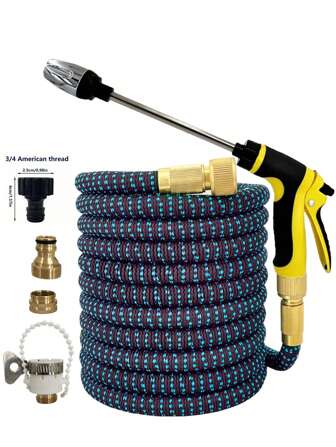 7pcs Extendable 3x Expandable Garden Hose Set With High Pressure Adjustable Spray Nozzle, Multi Patterns, Metal Connector, For Car Washing, Irrigation, Pet Bathing