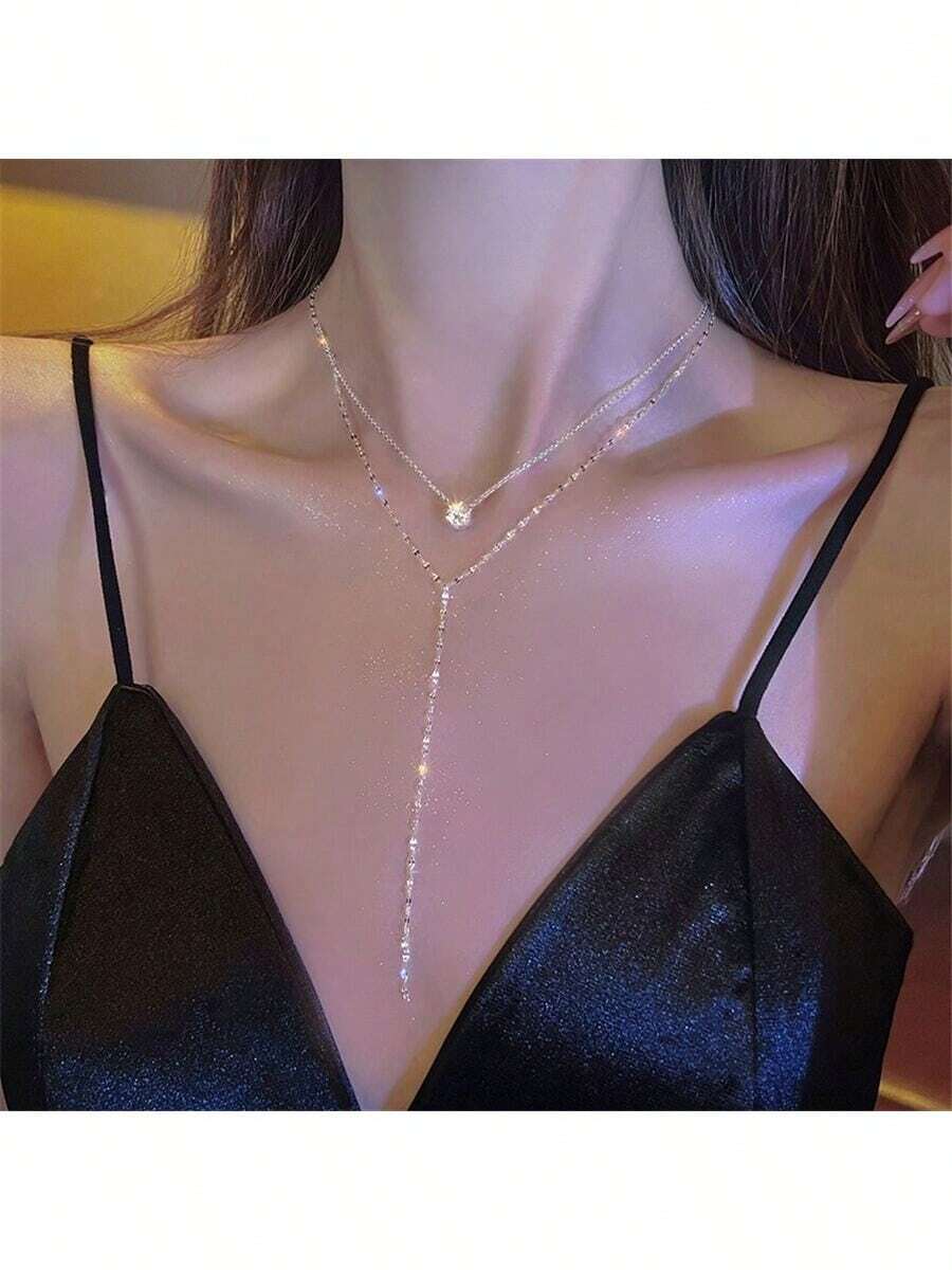 1件女士合金双层闪亮水钻项链，适合婚礼、宴会、节日、派对和日常佩戴 - 銀色 - 查看 1