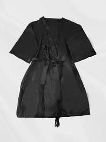 1pc Women's Solid Color Satin Fringe Bathrobe, V-Neck Mid-Sleeve Short Tie-Waist Sexy Open Cardigan Sleepwear Home Dress ,Vacation
