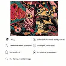1 pieza Póster de lienzo con ilustración de arte de calavera de dibujos animados con ojos sin marco - Arte moderno retro mural, muy adecuado para decoración de dormitorio, oficina, sala de estar, hogar y dormitorio