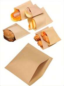 100pcs Thickened Paper Bags, Grease-Proof, Suitable For Snacks, Sandwiches, Hamburgers, Cookies, Pastries - Unbleached, No Closure, Easy-Grip Thin Film Grease-Proof, Suitable For Baking Cookies, Snacks, Sandwiches, Popcorn And Small Gifts, Food Storage Bags, Packaging Bags