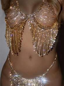 Fashionable Luxury Multi Layer Tassel Rhinestone Bra Body Chain Gorgeous Banquet Exaggerated Women's Sexy Lingerie Accessories