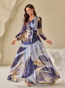 Robe élégante à manches longues en forme de lanterne avec ceinture, col en V, imprimé floral aléatoire et manches bouffantes pour femmes