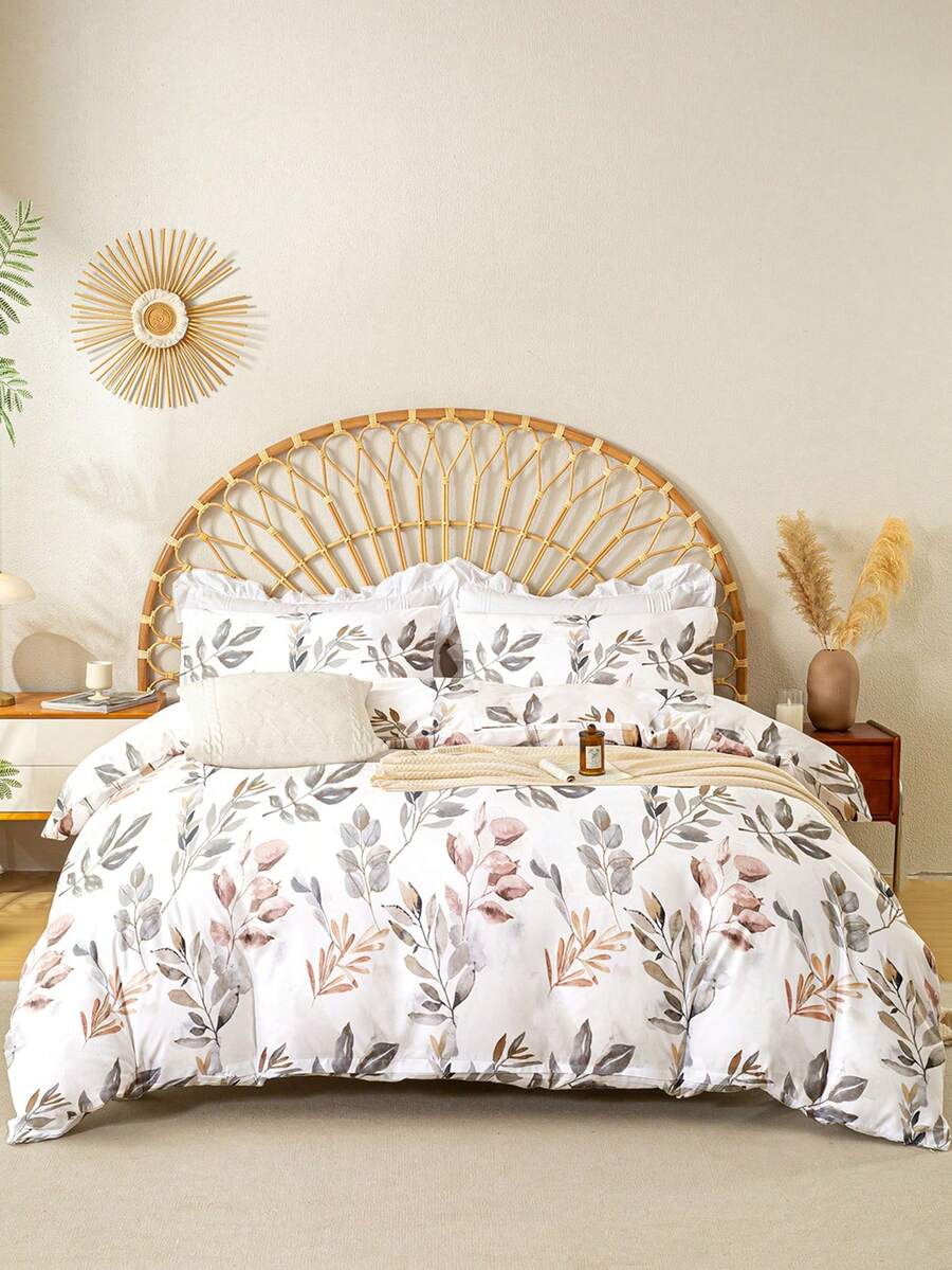 3pcs Leaf Pattern Duvet Cover Set (1 Duvet Cover And 2 Pillow Shams), Soft And Skin-Friendly, Suitable For All Seasons - Multicolor - View 1