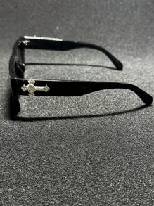 POLASUP 1pc Men/Women Rhinestone Cross Decor Polycarbonate Anti-Explosion Lens Fashion Glasses, Sports Casual Street Retro Flat Top Copper Hinge Non-Plastic Hinge UV Protection Sunglasses (Comes With Glasses Strap And Cleaning Cloth)