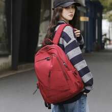 New Style Fashionable Simple Solid Color Casual Backpack For Men And Women, With Large Capacity, Suitable For Students And Travel. - Red - View 3