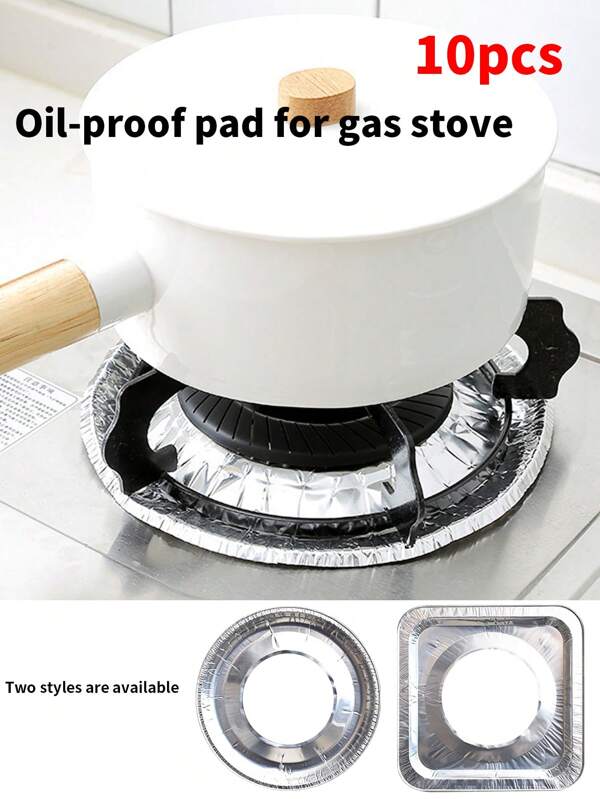 10pcs Disposable Aluminum Foil Gas Stove Oil-Proof Cover, Gas Stove Oil-Proof Pad, Round Stove Top Tin Foil Ring, Kitchen Aluminum Foil Paper Cleaning Pad, Square, Gas Stove Protection Pad, Square/Round, High-Temperature Resistant Gas Stove Waterproof, Kitchen Stove Oil-Proof Cover Cleaning Pad