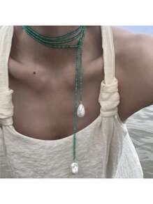 1 pieza Collar largo de mujer con colgante de cristal minimalista, perla falsa y cuentas, elegante para estilo de playa, accesorio de uso diario