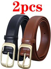2pcs/1pc Ladies' Gold Buckle Leather Belt, Solid Color Belt, Minimalist Style Denim Belt Summer, School Fall, Autumn, Halloween - Multicolor - View 13