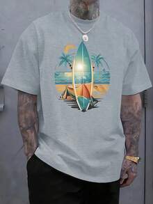 Men's Cotton Casual T-Shirt, Men's Tropical Surf Graphic T-Shirt - Beach Vacation Tee With Palm Trees And Surfboard Design - 淺灰色 - 查看 1
