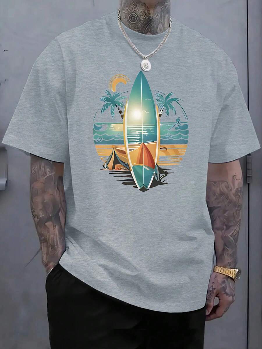 Men's Cotton Casual T-Shirt, Men's Tropical Surf Graphic T-Shirt - Beach Vacation Tee With Palm Trees And Surfboard Design - 淺灰色 - 查看 1
