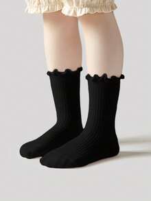 5 Pairs Kids Ruffle Edge Sports Socks, Simple Classic Fashion , Skin-Friendly Comfortable Soft Breathable Casual Mid-Calf Socks, Suitable For Daily Life, Holidays, Back To School, Princess Dress Matching - Black - View 3