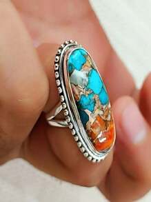 Anillo de estilo vintage con turquesa sintética hermosa, anillo de moda perfecto para aniversarios y fiestas de cumpleaños (patrón aleatorio de turquesa)