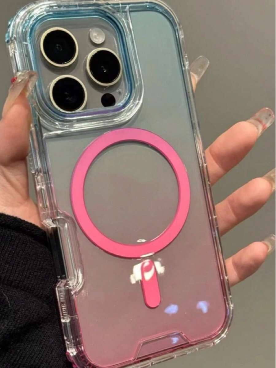 Ice Chime Minimalist Gradient Blue And Pink Phone Case, Compatible With Apple 16 Pro Max, 15 New, 14, 13, Full Body Protection, Magnetic Adsorption, Transparent Waterproof Shockproof Anti-Fall Scratch Resistant - Pink - View 1