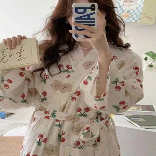 1 peça quimono japonês de manga comprida, camisola fofa de ursinho de pelúcia para mulheres, pijama longo para o outono, roupa casual para casa, adequada para uso ao ar livre na volta às aulas