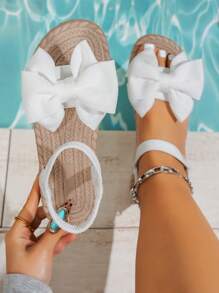 Wide Fit Women's 2025 Summer New Strap Bowknot Decor Elastic Ankle Strap Flat Sandals, Lightweight Comfortable Non-Slip, Suitable For Home, Leisure And Daily Wear