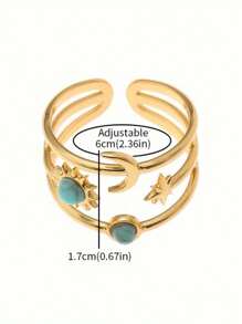 Elegant Adjustable Stainless Steel Ring With Turquoise Inlay - Star, Moon & Sun Design For Women Perfect For Weddings, Parties & Everyday Chic