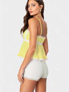 Women's Lace Patchwork Cami Tops Sleeveless Ruffle Hem Slim Fitted Camisole Summer Tank Tops - Yellow - View 2