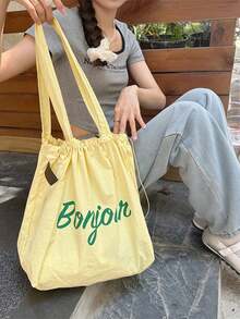 Korean Style New Arrival Letter Print Casual Drawstring Closure Fashion Student Shoulder Bag - Grey - View 8