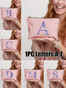 A-Z Floral Print Cosmetic Bag, Gift For Girls, Cute Retro Minimalist Alphabet Pattern Print Storage Pouch, Makeup Bag, Small Items Organizer, Cosmetic Bag, Toiletry Bag, Clutch, Lightweight Foldable Organizer, Minimalist Shopping Bag, Teacher Gift Clutch, Nurse/Doctor/Teacher Storage Pouch, Suitable For Personal Travel Makeup Storage, Travel Essential, Vacation/Back To School Supplies Bag, Women Travel Cosmetic Bag - Pink - View 2