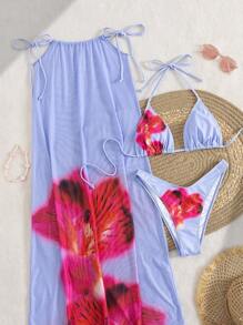 مجموعة من 3 قطع ملابس السباحة مكونة من بكيني مطبوع بالأزهار وتنورة بوهيمي لإجازة الشاطئ للنساء في الصيف