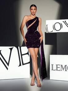 Purple Asymmetrical Neck Sequin Ruffles Cocktail Party Dress, For Valentine's Day - Purple - View 2