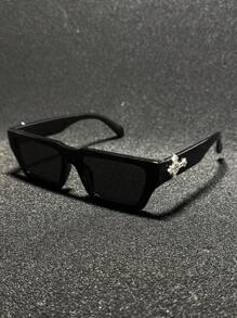 POLASUP 1pc Men/Women Rhinestone Cross Decor Polycarbonate Anti-Explosion Lens Fashion Glasses, Sports Casual Street Retro Flat Top Copper Hinge Non-Plastic Hinge UV Protection Sunglasses (Comes With Glasses Strap And Cleaning Cloth)