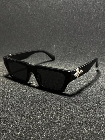 POLASUP 1pc Men/Women Rhinestone Cross Decor Polycarbonate Anti-Explosion Lens Fashion Glasses, Sports Casual Street Retro Flat Top Copper Hinge Non-Plastic Hinge UV Protection Sunglasses (Comes With Glasses Strap And Cleaning Cloth)
