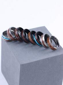 10 件/包复古闪亮多色贝壳和木纹不锈钢戒指，精致男士配饰，适合日常、节日、派对、生日、周年纪念礼物