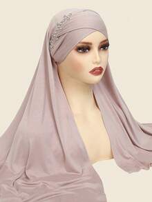 高级缎面交叉缠绕式头巾帽 - 镶钻装饰的端庄头饰，配有可调节系带（女士时尚围巾帽） - 多色 - 查看 7