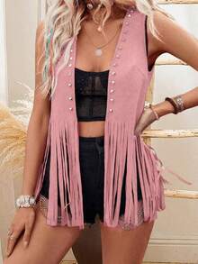 Women Rivet Tassel Vest Open Front Sleeveless Faux Suede Vest Jacket Hippie Costumes - Pink - View 3