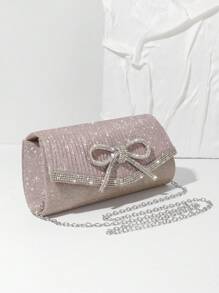 Luxury Rhinestone Bow Decor Evening Fashion Crystal Clutch Women Pleated Hand Bag For Party, Wedding