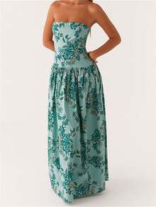 Women Y2k Maxi Dress Strapless Tube Dress Dot Print/Floral Print Sleeveless Off Shoulder Dress Bandeau Long Dress Flowy Beach Dress Cocktail Party Dresses Formal Summer Dresses - 綠色 - 查看 4