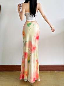 Falda ajustada de cintura alta con estampado, estilo streetwear de color liso