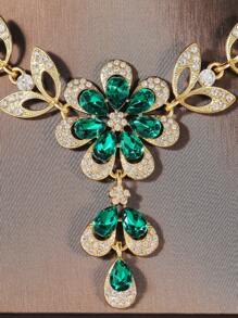 1 set accesorii de mireasă aurii, coroană maiestuoasă cu decor de stras verde, colier și cercei cu flori, set de 4 bijuterii de nuntă, potrivit pentru rochie de mireasă, petrecere de mireasă, sărbătoare