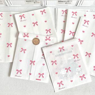 30/50/100pcs Pink Ribbon Gift Bags, 4.7"X6.7" Handle Kraft Paper Shopping Bags For Wedding, Birthday, Party, Craft Gift Packaging