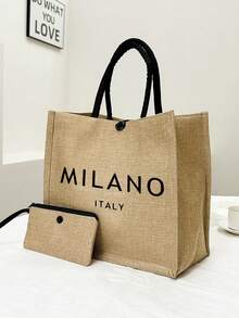 2 件/套亚麻手提袋，包括一个米兰字母印花手提袋和一个印花小包，字母，花朵，个性化礼品包装，黄色亚麻黑色手提袋配黑色扣，小包和大包组合，适合婚礼，生日，海滩，假期，是送给女性，母亲，老师，朋友，伴娘，大包，学生和返校的完美礼物 - 卡其色 - 查看 2