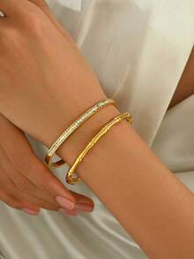 1pc /2pcs Stainless Steel Golden Bamboo Bracelet Set Diamond-Encrusted Bracelet Titanium Steel Bangle, Mirror Polished, Vacuum Plated, Not Easy To Fade, Fashionable Classic Style, Suitable For Daily Wear,Jewelry Gold Jewelry Jewelry Women Bracelets Accessories Women Stainless Steel Jewelry Bracelets For Women Western Jewelry - Gold - View 6