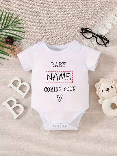 [Custom-Made] Baby Girl Personalized Name Baby Short Sleeve Bodysuit For Boys And Girls, Round Neck Short Sleeve Casual Bodysuit For Infants, Machine Washable, Multi-Functional, Ornamental, Letter, Stylish, Modern, Colorful, Cute, Adorable, Casual, Custom, Personalised, Unique, Customized, Ideal Gifts For Him, Ideal Gifts For Her, Chic Autumn, Baby Gift, Commemorative,New Year Glamour
