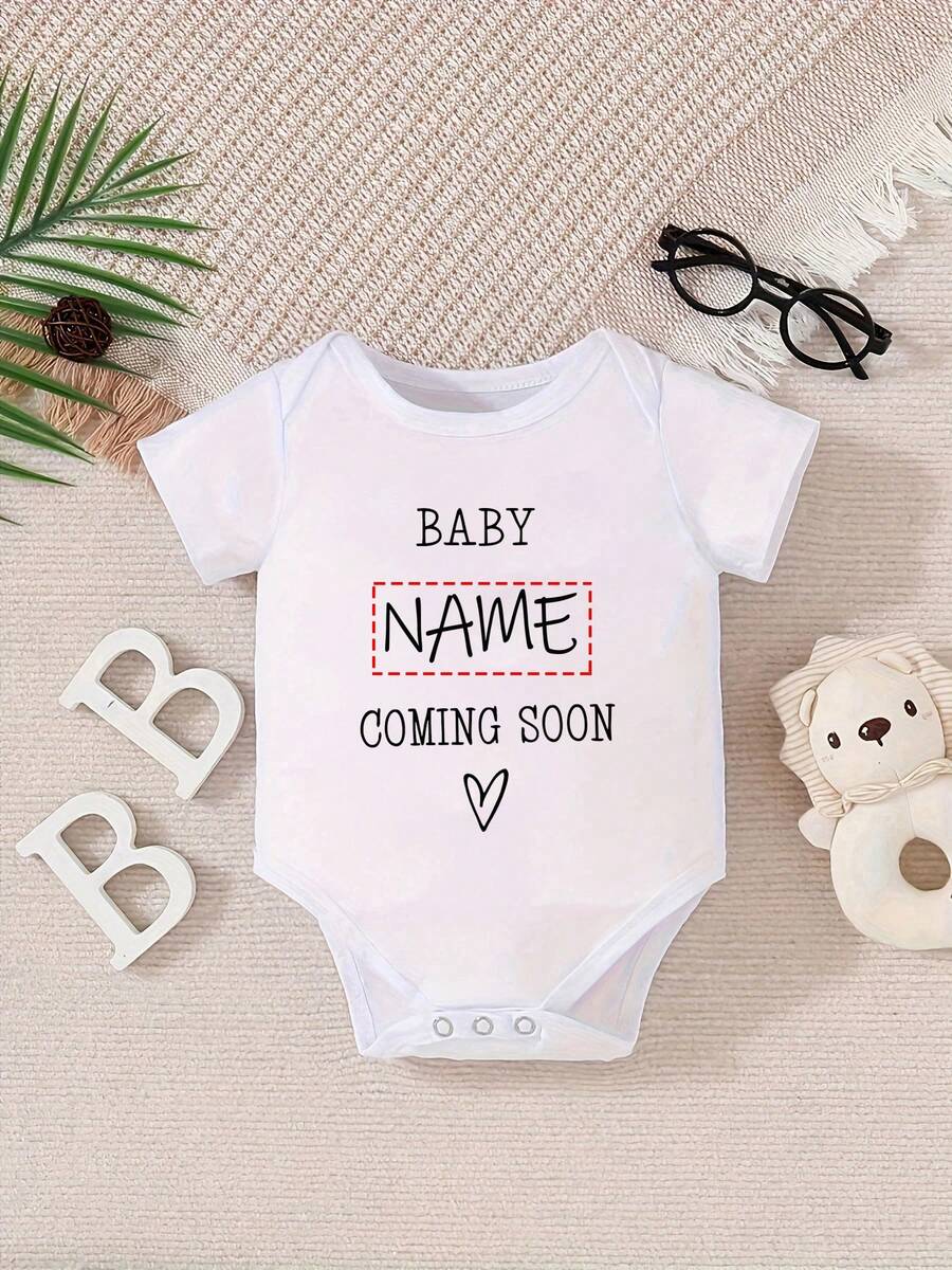 Mono de manga corta personalizado con nombre, nombre personalizado, mono informal de manga corta y cuello redondo para bebé niño y niña - Lavable a máquina - Estilo de cuello redondo regular - Blanco - Ver 1