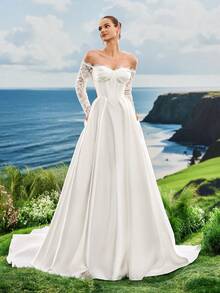 蕾丝露肩白色婚纱，长袖婚纱，缎面开衩婚纱，拖尾婚纱，情人节 - 白色 - 查看 4