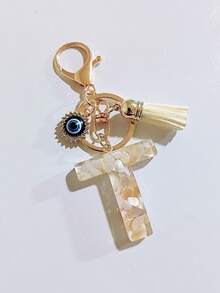 1个女士米色滴胶字母心形流苏休闲可爱风格树脂钥匙扣，创意装饰，可作为朋友、背包挂饰、学校礼物、圣诞礼物、送给母亲、父亲、毕业生和老师的礼物 - C - 查看 12
