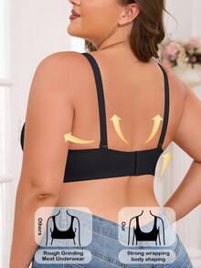 1pc Plus Size Solid Color Lift & Gather Underwire Bra, Elegant Comfortable Minimalist Adjustable Strap Partial Coverage Romantic Lingerie - Black - View 2