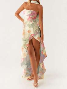 Women Casual Tube Dress Summer Solid Color/Floral Print High Low Ruffles Dress With Scarf For Cocktail Streetwear - 米色 - 查看 2