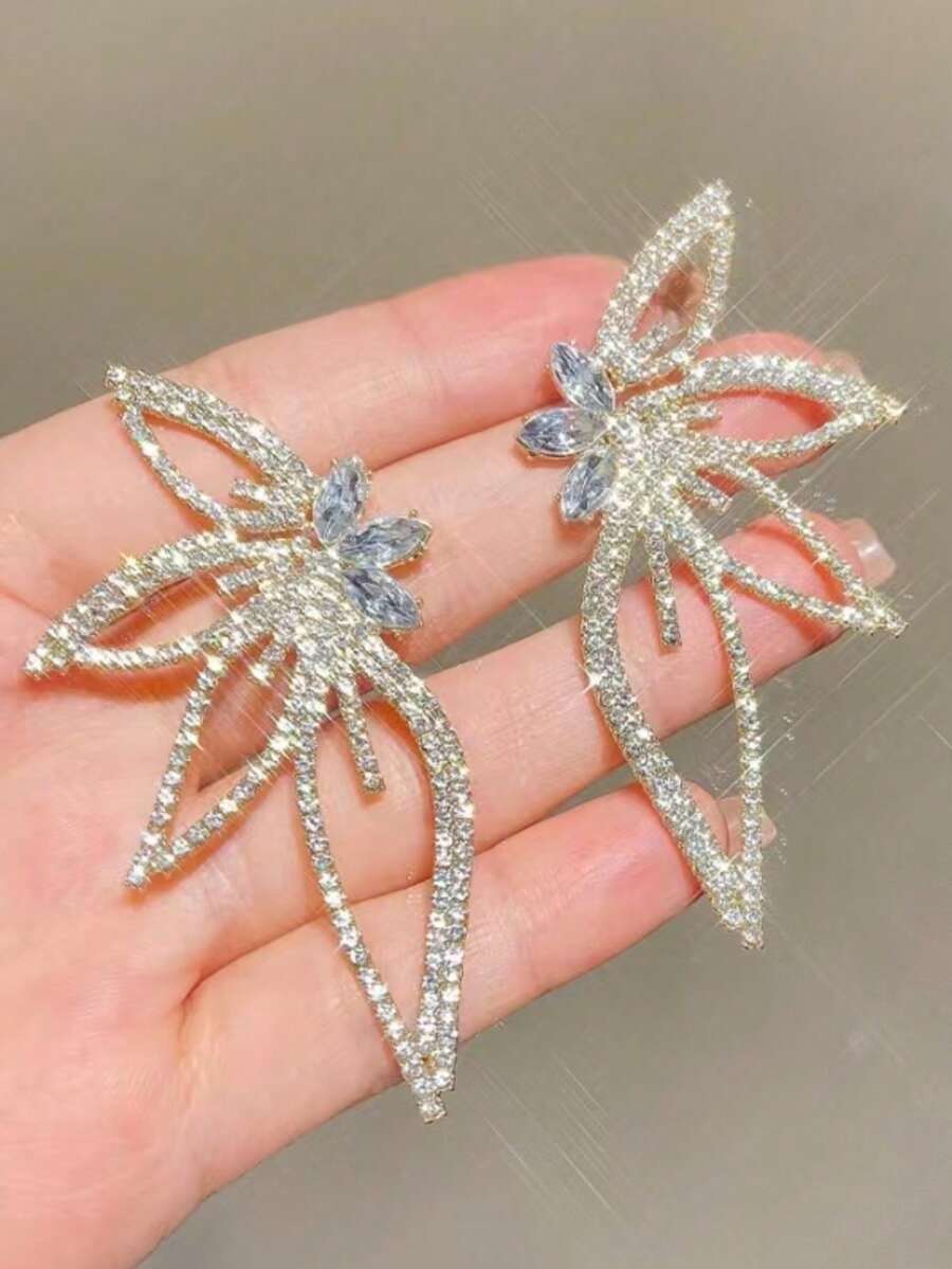 1 Pair Rhinestone Leaf & Flower Design Earrings, Elegant Party Jewelry - Yellow Gold - View 1