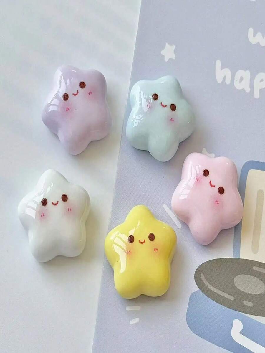 5pcs Cute Star-Shaped Magnetic Fridge Magnets- Pastel Colors With Smiling Faces, Plastic, Ideal For Home