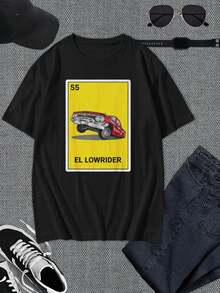 Camiseta de hombre estilo lowrider - Camiseta gráfica de coches clásicos - Diseño inspirado en las cartas de Lotería - Cuello redondo de algodón suave - Estilo Los Ángeles - Regalo para entusiastas de los coches - Negro - Ver 1