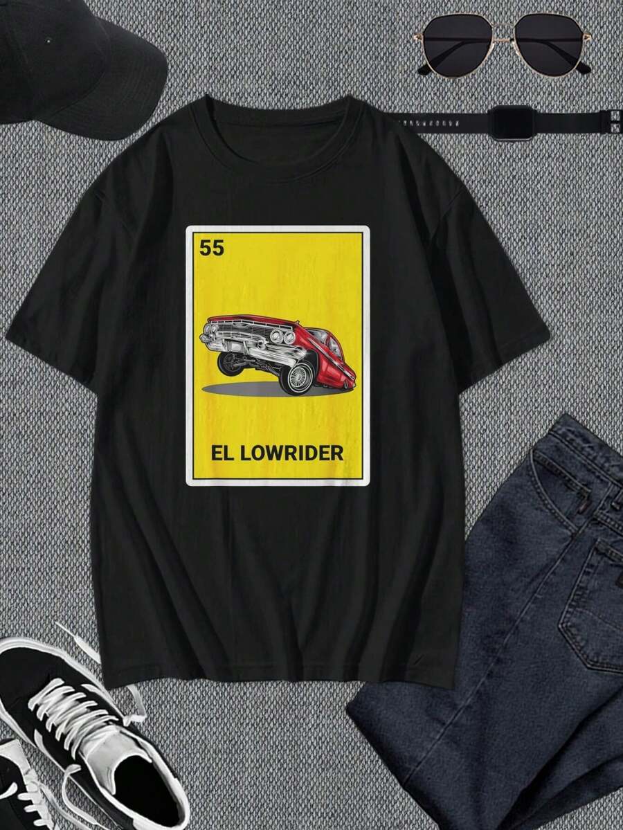Camiseta de hombre estilo lowrider - Camiseta gráfica de coches clásicos - Diseño inspirado en las cartas de Lotería - Cuello redondo de algodón suave - Estilo Los Ángeles - Regalo para entusiastas de los coches - Negro - Ver 1